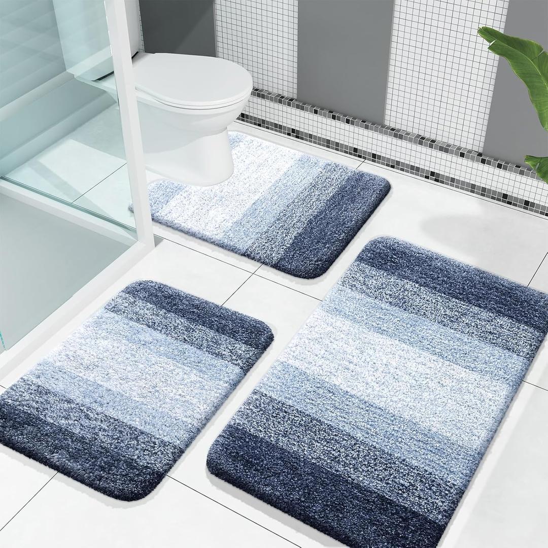 OLANLY Bathroom Rugs Sets 3 Piece, Soft Absorbent Microfiber Bath Mats and U-Shaped Contour Toilet Rug, Plush Shaggy Bath Mat Set for Bathroom (30"x20"+24"x16"+24"x20", Dark Blue) OLANLY Bathroom Rugs Sets 3 Piece, Soft Absorbent Microfiber Bath Mats and U-Shaped Contour Toilet Rug, Plush Shaggy Bath Mat Set for Bathroom (30"x20"+24"x16"+24"x20", Dark Blue)