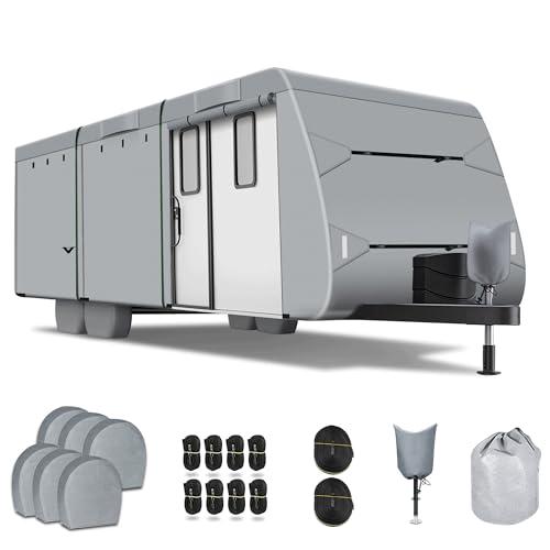 Richeer 300D Travel Trailer RV Cover, 20'-22' Wind Watertight Rip-Stop UV Resistant Travel Trailer Camping Vehicle Cover with Storage Bag Jack Cover Tire Cover Reflective Tape