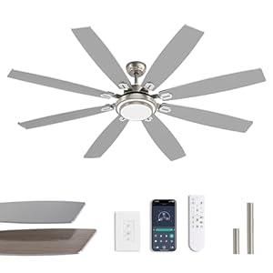 SNZ 72 Inch Large Ceiling Fans with Lights and Remote, Nickel Ceiling Fan with Quiet Reversible DC Motor, 3 CCT Dimmable LED, Modern 8 Blades Fan for Living Room, Patio, Indoor and Outdoor