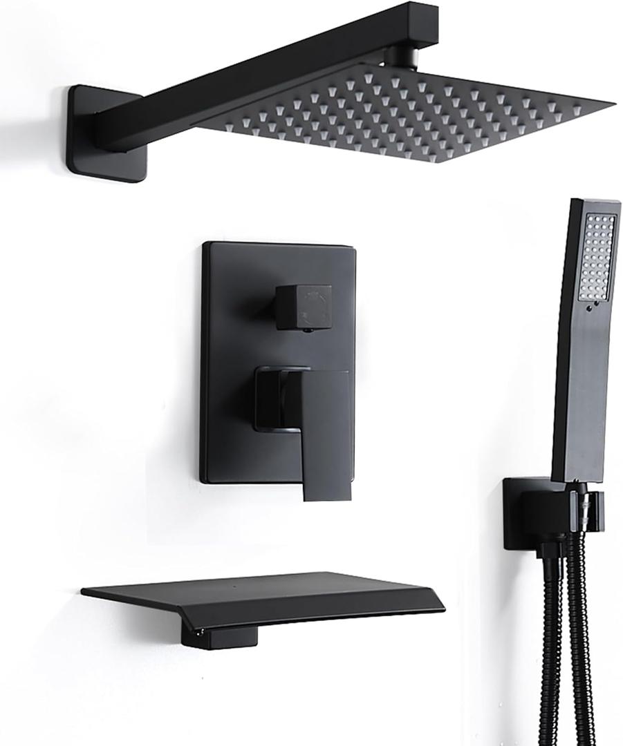 8 Inch Shower Faucet Set, Rainfall Shower System with High Pressure Handheld Shower Head, Bathroom Mixer Shower Set Wall Mounted Rough-in Valve and Trim Kit, with Tub Spout (Matte Black)