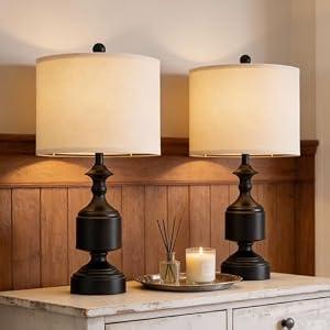 BOBOMOMO Black Lamps Set of 2-20.5" Farmhouse Metal Table Lamps for Living Room, Traditional Bedside Lamps for Nightstand with Linen Shade, Ideal for Small Spaces, Entryway Console Lamps
