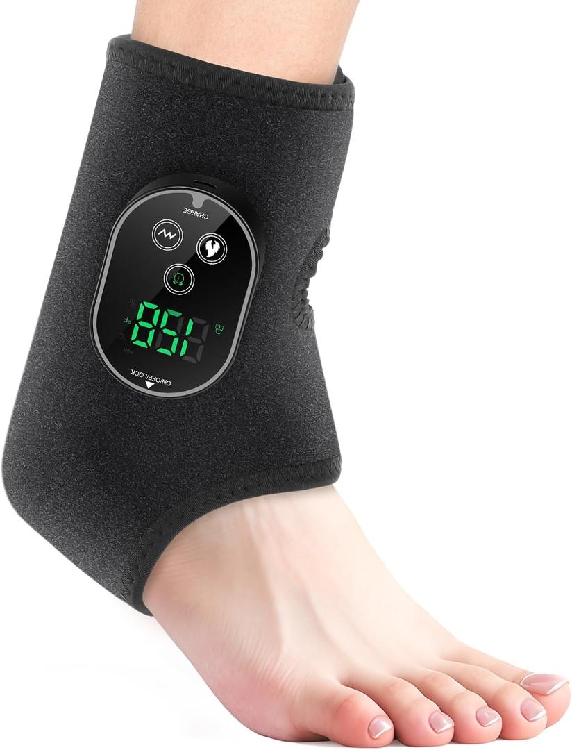 Foot Massager with Heat, Cordless Heated Ankle Massager, Ankle Heating Pad with 6 Heat Levels and 3 Vibration Modes, Heated Brace Wrap for Women Men (Black)