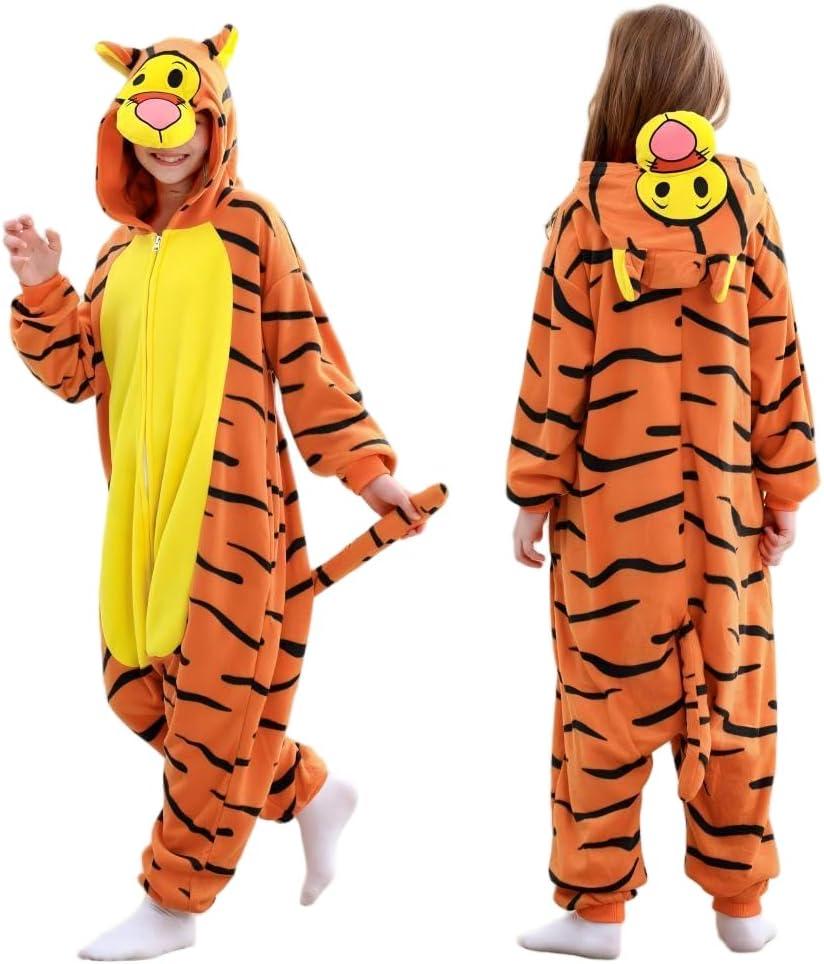 DSMTALS Kids Animal Onesie Pajamas Fleece Costume for Halloween, Cute Sleepwear Unisex Jumpsuit with Hood for Ages 2-4 Years, Tiger