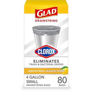 Glad Small Drawstring Trash Bags with Clorox, 4 Gal, Lemon Fresh Bleach, 80 Ct