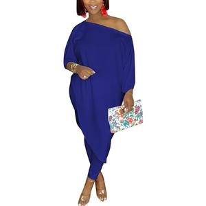 WOKANSE Women's Off Shoulder Tops Casual Loose Shirt Batwing Sleeve Irregular Hem and High Waist Long Pants Sets Blue 2XL