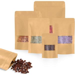 100pcs Kraft Bags with Window 7.1x10 Inches Brown Reusable Sealable Zip Lock Food Storage Stand up Paper Pouches for Home or Business
