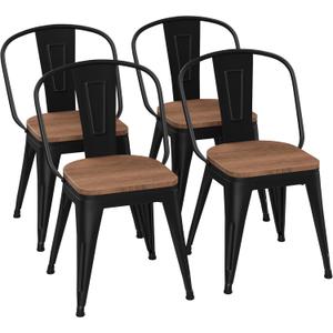18 Inch Metal Dining Chairs,Arlunar Farmhouse Chairs Set of 4 Black Dining Room Chairs Stackable with Back and Wooden Seat bar stools