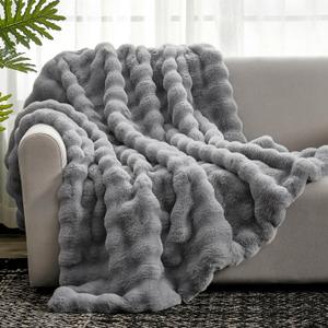 Cozy Bliss Faux Fur Throw Blanket for Couch, Fuzzy Soft Plush Thick Bubble Blanket for Sofa Bedroom Living Room, 108 * 90 Inches Light Grey