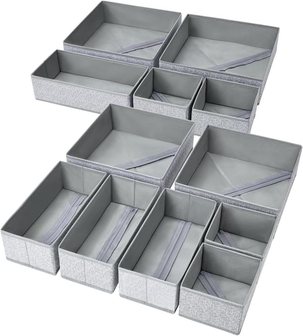 DIMJ Drawer Organizers - 12 Pack Foldable Closet & Sock Organizers, Fabric Dresser Drawer Dividers for Clothes, Underwear, Bras, Socks (Blended Gray)