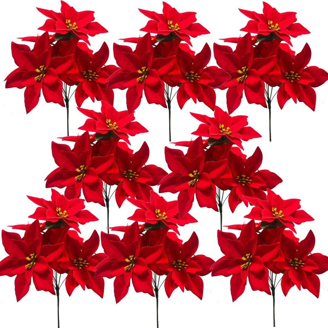 8 Pack 7 Heads Christmas Artificial Poinsettia Flowers Faux Poinsettia Bush Bouquets Silk Poinsettia Christmas Tree Ornaments Poinsettia Flowers Arrangement for Xmas Holiday Decor(Red)