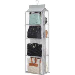 8 Grids in 1 Pack Hanging Purse Handbag Organizer with Double Zippers, Visible Purse Organizer for Closet, Fully Enclosed Handbag Storage Holder, Hanging Closet Organizer for Bags (Not Rotatable, Gray)