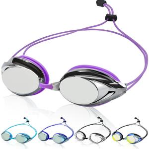Swim Goggles for Adult Men Women Youth, Bungee Strap Swimming Goggles No Hair Pulling Mirrored/Clear Lens Goggles
