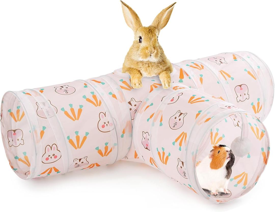 HERCOCCI Rabbit Toys, Bunny Tunnels & Tubes, Collapsible 3 Way Rabbit Hideout Tunnel with Chew Toys for Bunny Guinea Pig Ferret Kitten (White)