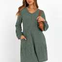 ANRABESS Women's Long Lantern Sleeve Ribbed Knit Dresses V Neck Casual 2026 Fall Winter Flowy Swing Tunic Sweater Short Dress (Green, S)
