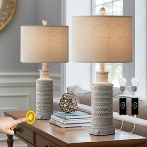 BOBOMOMO 3-Way Dimmable Touch Control Table Lamp Set of 2 with Dual USB Charging Ports for Bedroom Living Room Vintage Rustic Farmhouse Traditional Nightstand Bedside Lamps(Bulbs Included) (2 Pack Touch Switch-Gray)