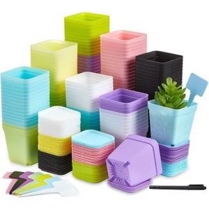 Zubebe 140 Pcs 3 Inch Plastic Plant Pots Square Seedling Nursery Pots Reusable Small Plant Pots with Saucers 140 Pcs Waterproof Plant Labels T Type Plant Tags Marking Pen for Garden Balcony Office