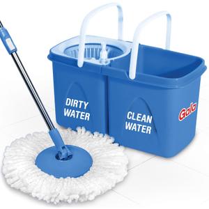 180-degree Spinning Floor Cleaning Mop Set with Twin Bucket, Wringer & 2 Microfiber Refills for Home, Twist Mop with separate Dirty and Clean water (White and Blue)