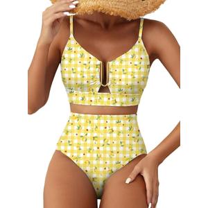 Herseas Womens 2 Piece High Waisted U Wire Bikini Set Floral Print Swimsuit Crisscross Back Bathing Suit Beach Swimwear, S