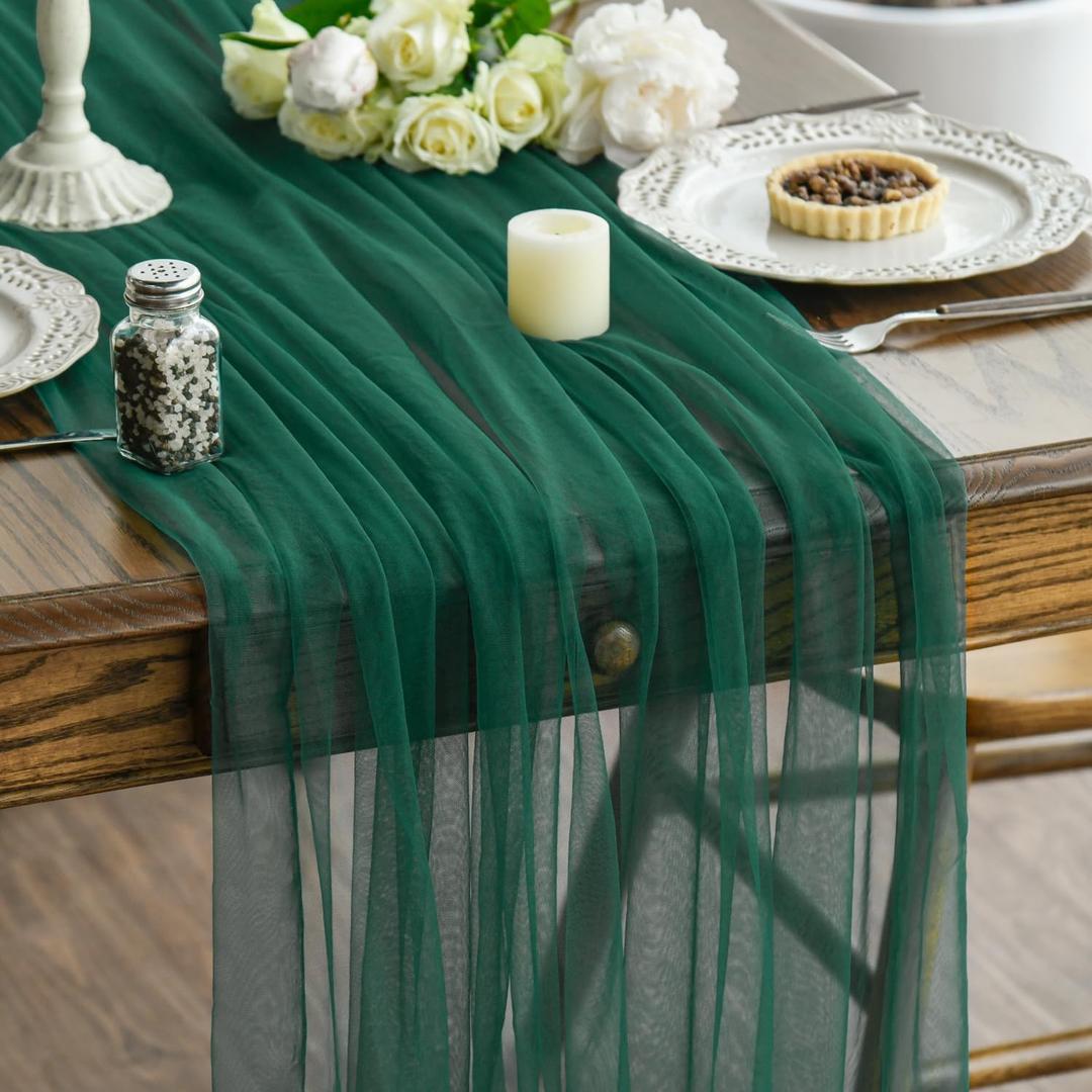 Artoid Mode 6PCS Dark Green Gauze Table Runner 120 Inch 10FT, Seasonal Sheer Kitchen Dining Holiday Wedding Birthday Baby Shower Table Decor for Home Party