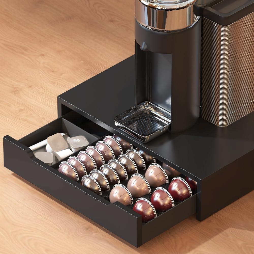 Deco Brothers Vertuoline Pod Holder Drawer with Adjustable Divider, Compatible with Nespresso 40 Small or 20 Large Capsules Coffee Bar Station, Wood Top Stand with Side Storage for Accessories, Black
