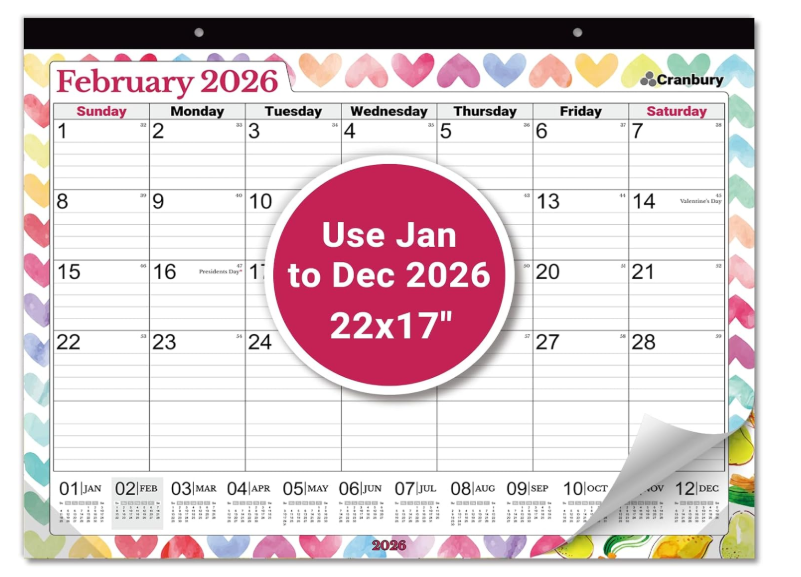 CRANBURY Large 22x17 Desk Calendar 2026, Use January to Dec 2026 as Big Deskpad Calendar or Extra Large Hanging Wall Planner, Colorful Seasonal Designs, Includes Stickers
