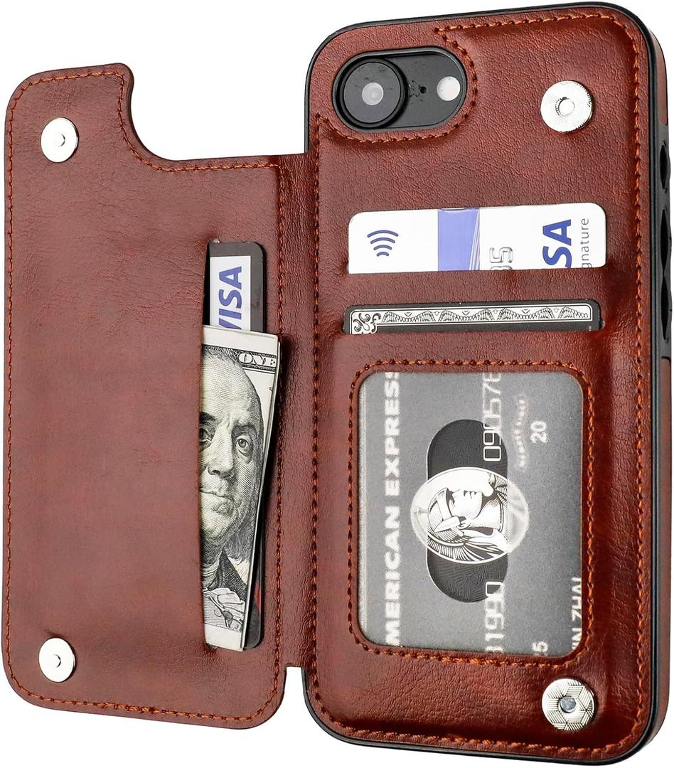 ONETOP Compatible with iPhone 17e/16e Wallet Case with Card Holder, PU Leather Kickstand Card Slots Case, Double Magnetic Clasp and Durable Shockproof Cover 6.1 Inch (Brown)