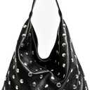 Studded Hobo Bags for Women, Soft Vegan Leather Rivet Slouchy Tote Purse, Punk Studded Deco Shoulder Handbag (Studded Pitch Black)