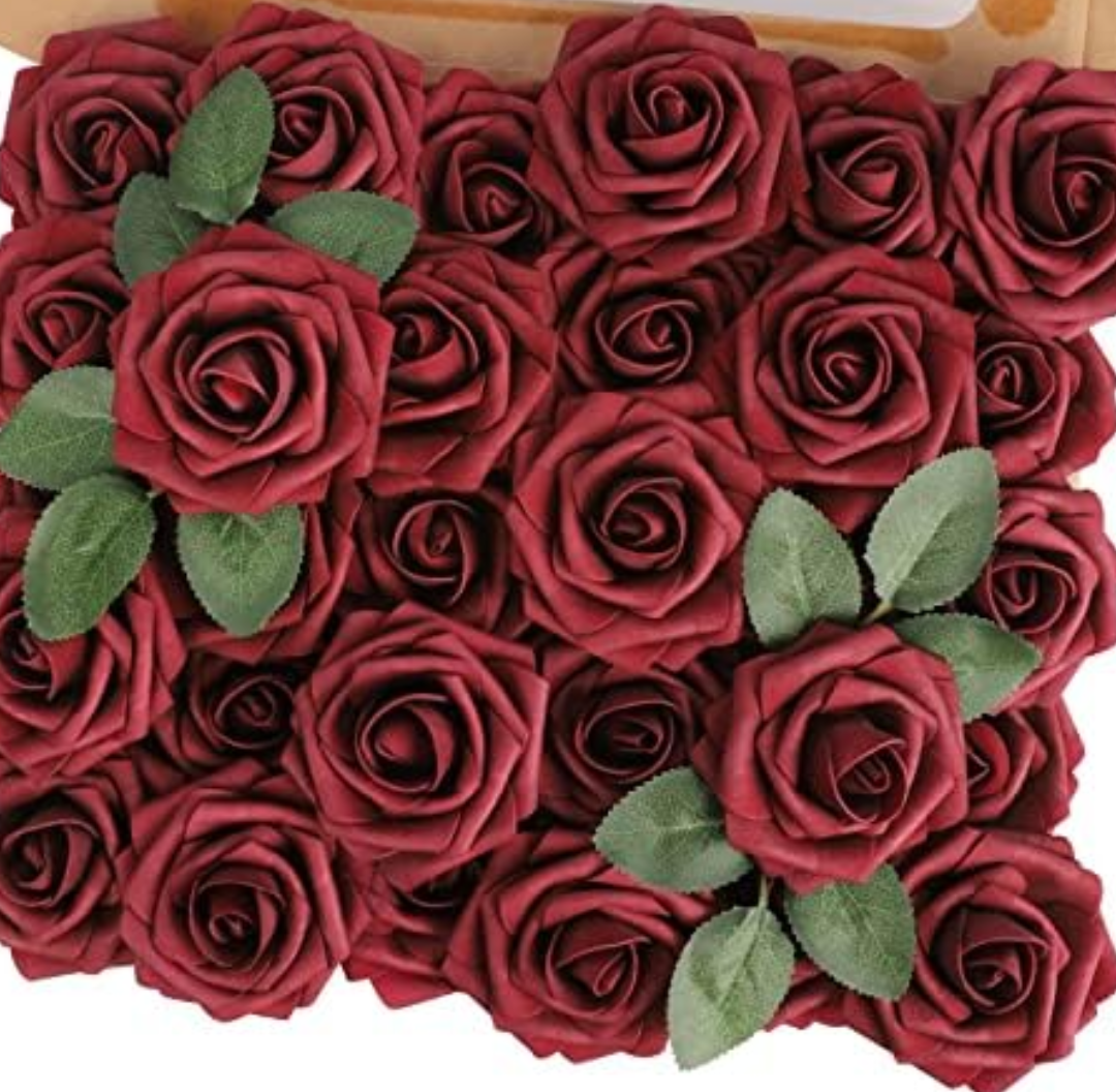 MACTING 30PCS Artificial Flower Roses Real Touch Fake Flowers with Stem Foam Roses for DIY Wedding Bridal Bouquet Floral Arrangements Party Baby Shower Home Mothers Day Decorations(Burgundy)