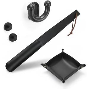 Shoe Spoon Long Handle & Leather Tray Set, Black 5-Piece Entryway Organizer with Self-Adhesive Hooks & Slipper Hanger | for Men, Nightstand, Bathroom, Bedroom
