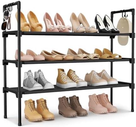LANTEFUL 3 Tier Shoe Rack for Closet, Shoe Organizer with 5 Hooks, Long Shoe Shelf Storage for Sneaker and Boot Stackable Free Standing Shoe Rack for Entryway, Garage, Small Spaces, Dorm