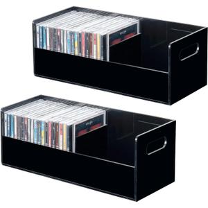 MyGift Modern Premium Black Acrylic Stackable CD Holder Racks with Cutout Carrying Handles, Compact Disc Jewel Case Display Crates, Media Storage Organizers, Set of 2