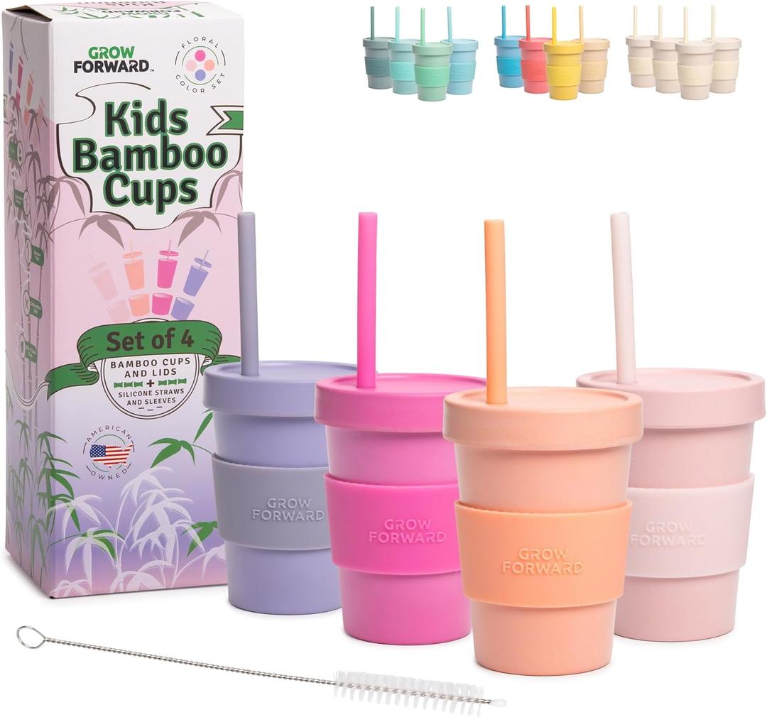 Grow Forward Bamboo Kids Cups with Lids and Straws - 10oz Drinking Cups for Kids with Childproof Twist Lids & Silicone Straws - Eco Friendly, BPA Free, Non Toxic & Dishwasher Safe - Floral, 3 Pieces