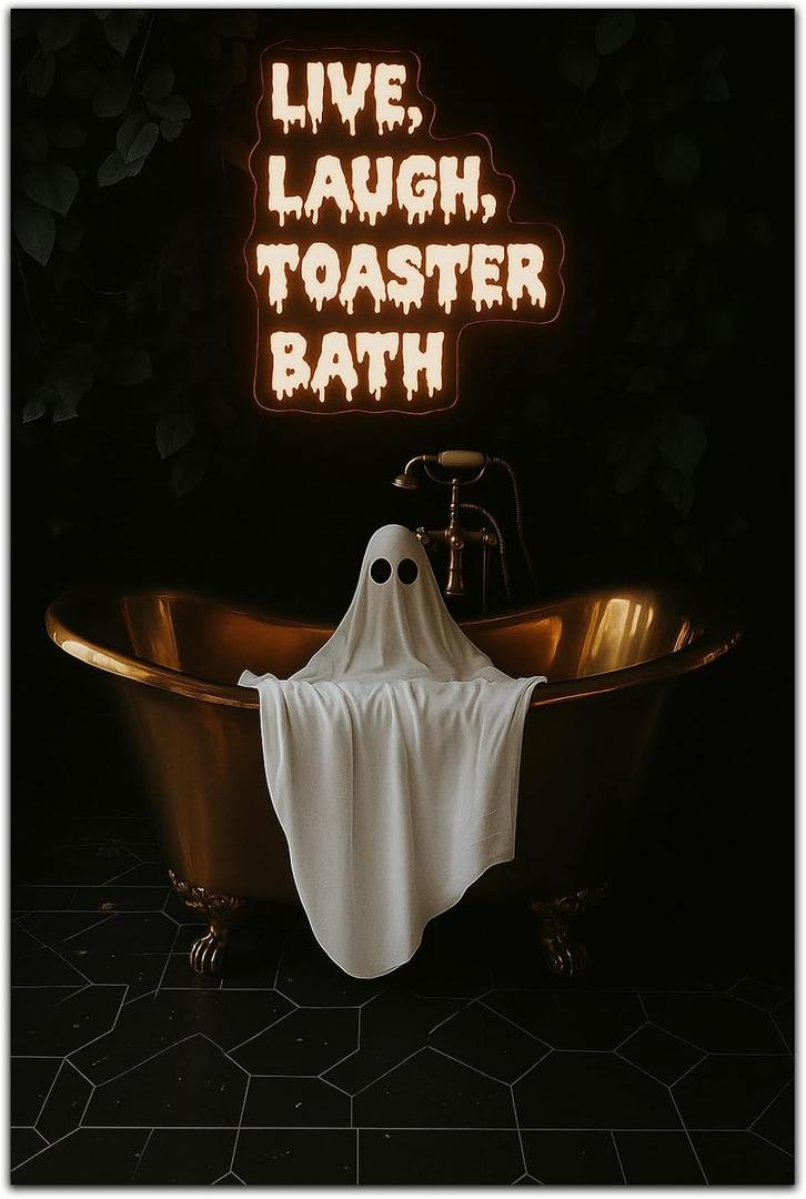 KYHLHS Live Laugh Toaster Bath Ghost Poster  Funny Gothic Bathroom Wall Art, Cute Ghost in Tub Canvas Print, Spooky Halloween Decor for Goth Restroom or Dark Aesthetic Room 16 x 24 Inch Unframed