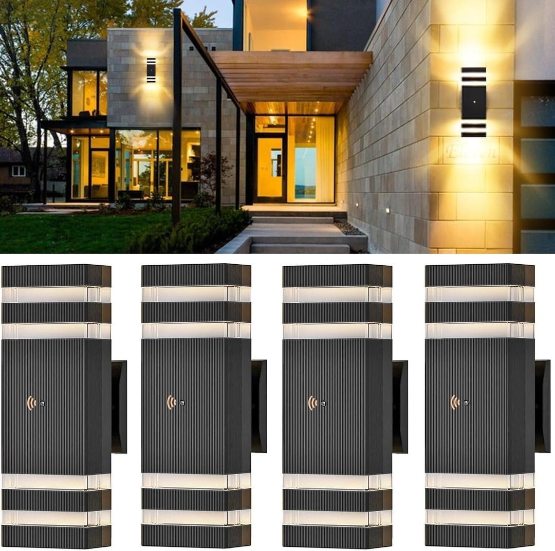 Dusk to Dawn Sensor Outdoor Wall Light, Modern Up Down Exterior Lighting Fixtures Wall Mount, Black Aluminum Outdoor Lights for House Waterproof Porch Light 4-Pack