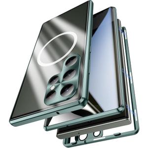 Jonwelsy Anti Peeping Case for Samsung Galaxy S23 Ultra, Double-Sided 360 Degree Protection Cover Compatible with Magsafe Anti Spy Privacy Glass Magnetic Adsorption Metal Bumper for S23U (Green)