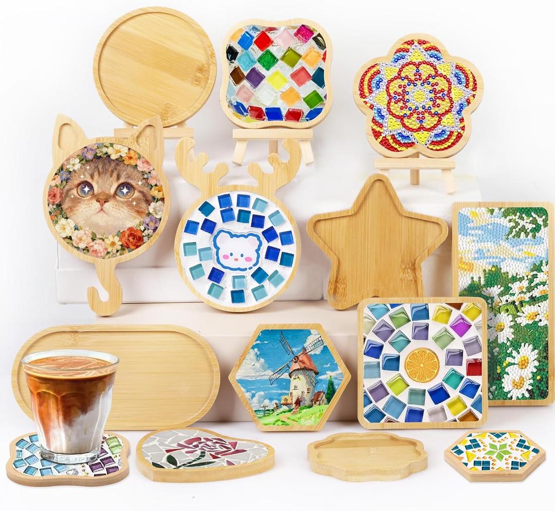 BOZAMBA 12 pcs Wooden Mosaic Bases, Assorted Shapes DIY Blank Base Trays Drinking Cup Coaster Wood Surface for Handmade Glass Tile Crafts & Mosaic Art Supplies