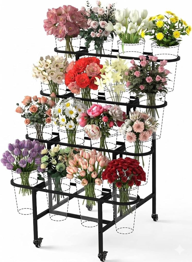 4 Tier Flower Display Stand, Metal Flower Bar Stand for Fresh Flowers Without 16pcs Buckets, Heavy Duty Garden Flower Cart Display Stand with Wheels