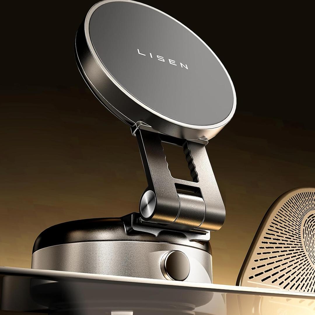 LISEN Portable Electric Vacuum Suction Phone Holder for MagSafe, Suction Cup Phone Mount Foldable Only on Mirror/Smooth Surface for 17 iPhone 16e/16/15/14/13/12 Pro/Pro Max (silver)