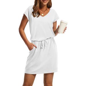 OFEEFAN Summer Dresses for Women 2026 V Neck T Shirt Casual Mini Dresses Tie Waist Sundresses with Pockets (XX-Large)