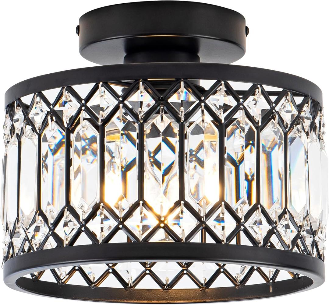 Crystal Ceiling Light Fixture, Modern Semi Flush Mount Ceiling Light, Crystal Chandelier for Kitchen Bedroom Bathroom Entryway Black (Bulb not Included)