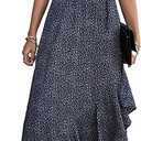 PRETTYGARDEN Women's Summer Wrap Maxi Dress Casual Boho Floral V Neck Short Sleeve Ruffle Hem Split Beach Long Dresses
 XL (Blue)