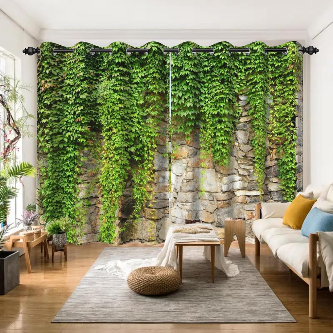 Green Ivy Leaf Blackout Curtains Leaves Plants Rustic Stone Wall Spring Scenery Curtain for Living Room Bedroom Home Decoration Window Drapes Fabric Set of 2 Panels, 42x84 Inch