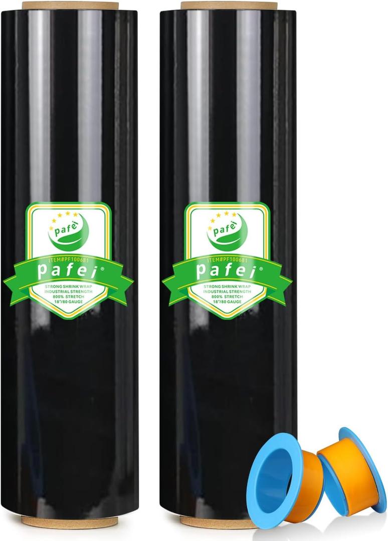 17.5"x1500ft Black Stretch/Shrink Wrap Roll - 80 Gauge Industrial Plastic Wrap for Moving, Heavy Duty 800% Stretch for Pallets, Packing, Shipping&Furniture Protection with Handles-2 Rolls