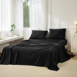 JIYUAN 100% Washed Cotton Sheet Set 4 Pieces Queen,1 Fitted Sheet,1 Flat Sheet and 2 Pillowcases,Comfy and Breathable Linen Like Bedding Set, Black