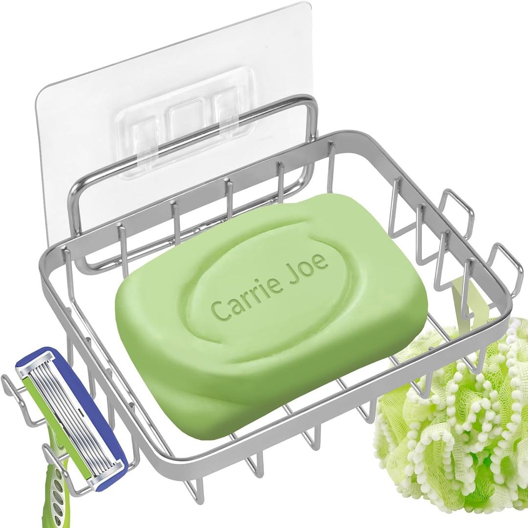 Carrie Joe Soap Dish Holder, No Drilling, 304 Rustproof Stainless Steel, Wall Mounted Soap Holder Soap Tray Bar Soap Sponge Holder for Bathroom & Kitchen (Silver)