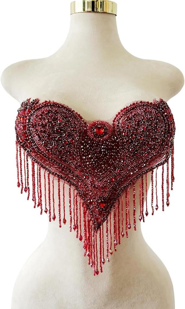 Unique Design Pure Handsewing Beads Applique sew on Rhinestones Crystal Tassel Patches Trimming for Wedding Party Evening Dress Accessories 18X12inches (Wine Red)18X12inches