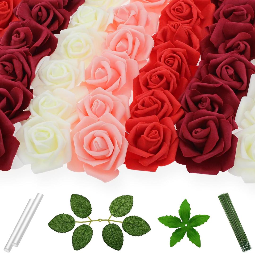 100 Pcs 3 Inch Artificial Flowers Bulk 5 in 1 Set Faux Foam Fake Rose Head Wedding Decoration Bridal Shower Centerpiece Arrangement Wall Table Decor DIY Craft (4 Shades of Red Ivory)