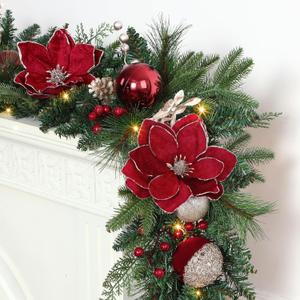 SHareconn 9FT Prelit Christmas Garland with Multi-Color LED Lights, Battery-Operated Timer, Includes Flower Ball & Poinsettia for Mantle Fireplace Indoor Outdoor Xmas Decor, Red Champagne Gold, 9 FT