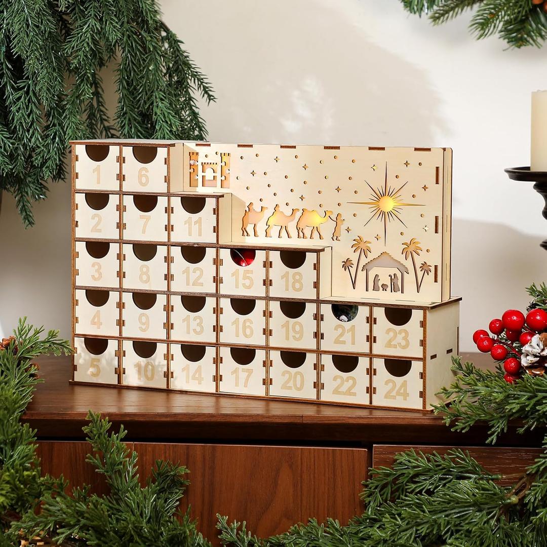 Nuanchu Lighted Christmas Wooden Advent Calendar with 24 Drawers DIY Empty Advent Calendars to Fill Countdown to 2025 Christmas Reusable Nativity Scene Decor Make Your Own Gifts Box for Xmas Adults