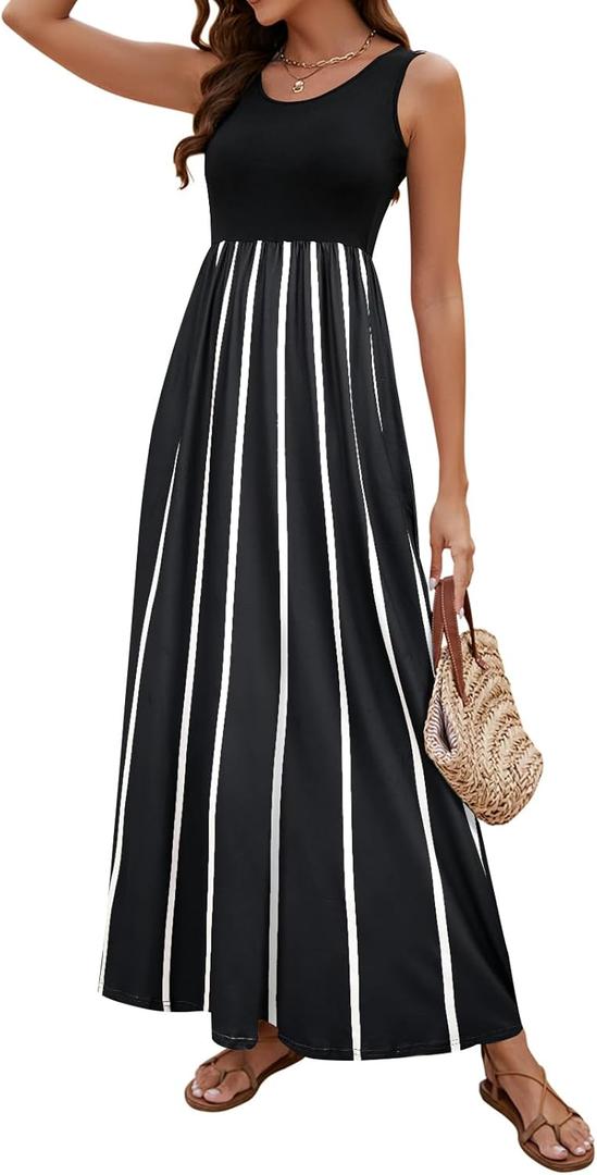 Sherosa Women Boho Chevron Striped Floral Printed Summer Sleeveless Tank Long Maxi Party Dress (Small)